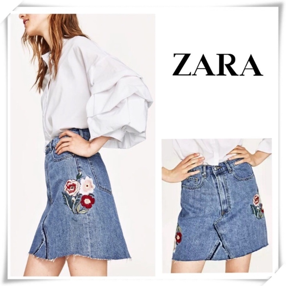 ZARA EMBROIDERED FLORAL DENIM SKIRT